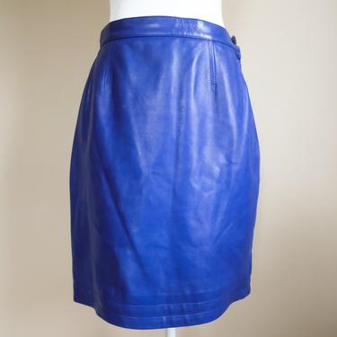 80s Cobalt Blue Leather Mini Skirt by Yves Saint Laurent Rive Gauche 