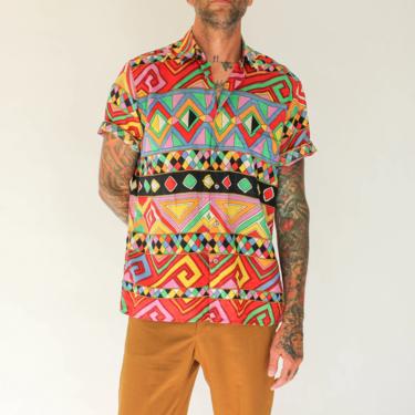 Vintage 90s Bullock and Jones San Francisco Vibrant Geometric Print Linen Blend Shirt | Made in Switzerland | 1990s Designer Summer Shirt 