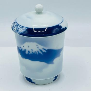 Vintage hand painted Mountain Scene Asian Lidded Jar Sugar Bowl- chip free Excellent Condition 