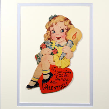 1930s Vintage Valentine &amp;quot;Holding a Torch for You&amp;quot; Includes Ivory &amp; Pale Blue Custom Mat - Fits 8x10&amp;quot; Frame Sold UNFRAMED - Vintage Valentine 