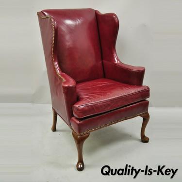 Hickory Chair Co Burgundy Red Leather Queen Anne Georgian Wingback Lounge Chair
