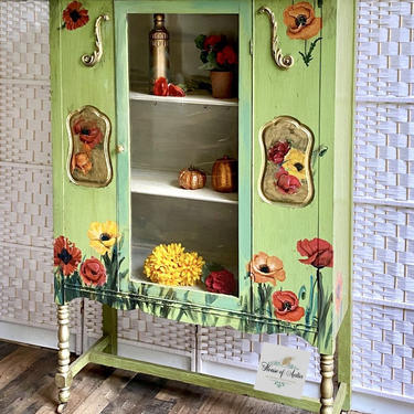 Green poppies Boho chic china cabinet antique hutch linen cabinet entryway cabinet antique bookcase 