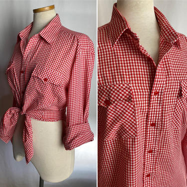 70’s red &amp; white gingham plaid button up shirt~ daisy duke~ grunge plaid~ western spring summer~ women’s/ men’s/unisex size M 
