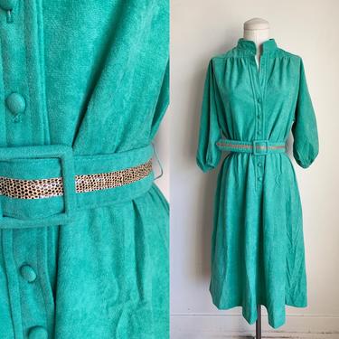 Vintage 1970s Green Faux Suede Dress / S-M 