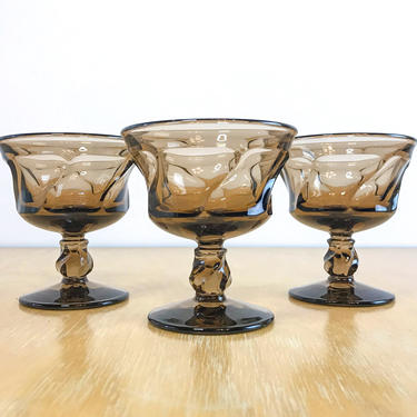 Brown Smoke Swirl Glass Footed Coupe Glasses, Set of 3 Heavy Vintage 1980s Cocktail Water Goblet Compotes 