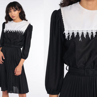 Black Pleated Dress 80s Midi Dress Boho PUFF SLEEVE Dress High Waist Secretary Gothic Bib Dress White Vintage Medium 
