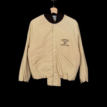 70s 80s Barrick Gold Mine Bomber Jacket - Men's Small | Vintage Unisex Tan Snap Button Windbreaker 