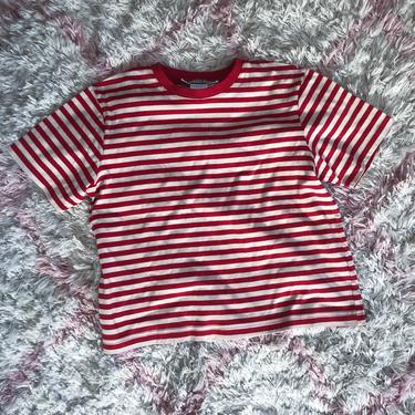 Vintage 90s Boxy Cropped Red Striped Tee Medium 