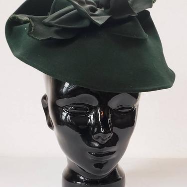 1930s 1940s Green Fur Felt Cocktail Dress Modernist Asymmetrical / 30s Saucer Platter Hat Austell Sculptural 
