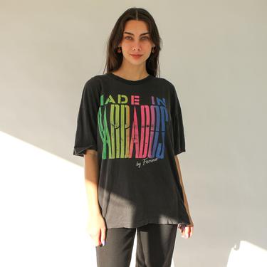 Vintage 80s Made in Barbados Single Stitch Tee Shirt with Neon Rainbow Print | Butter Soft, Boxy Fit, Destroyed | 1980s Tourist T-Shirt 