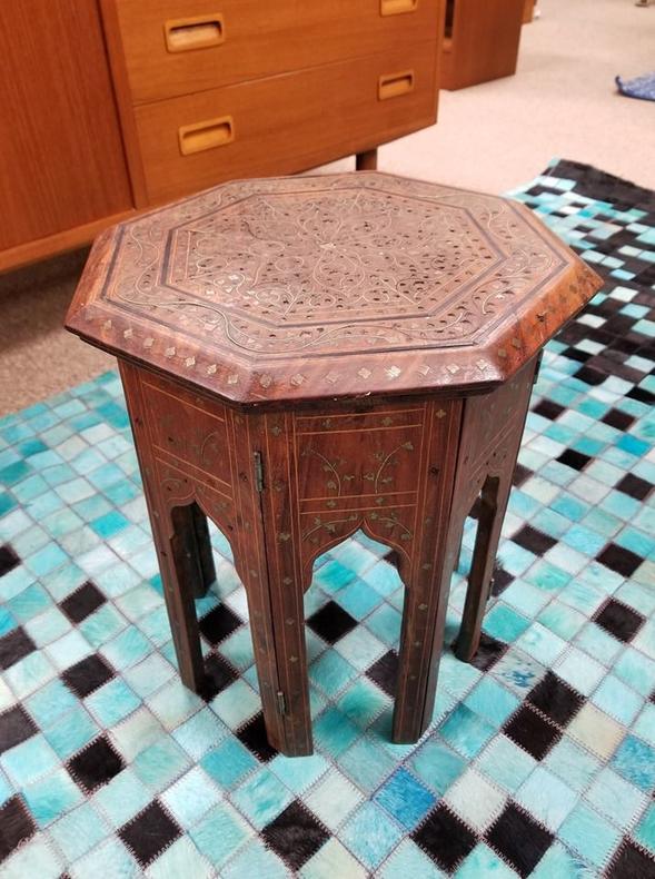                   Vintage Boho side table with brass inlay