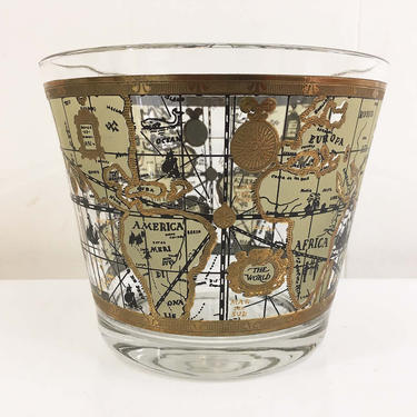 Vintage Cera Bar Glass Ice Bucket Gold The World Map Earth 1960s Mad Men Barware Cocktail Mid-Century Modern MCM Bowl Serving Snack 60s 