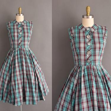 vintage 1950s turquoise and burgundy plaid cotton print full skirt shirt dress Medium 50s vintage sleeveless plaid print Fall day dress 