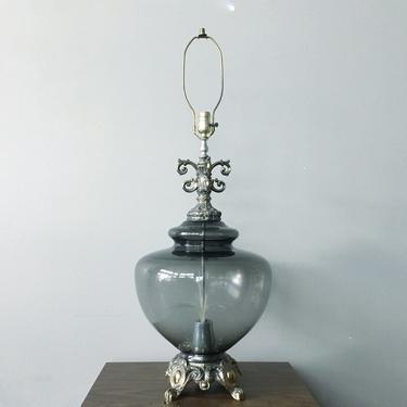 vintage mid century hollywood regency smokey blue glass table lamp