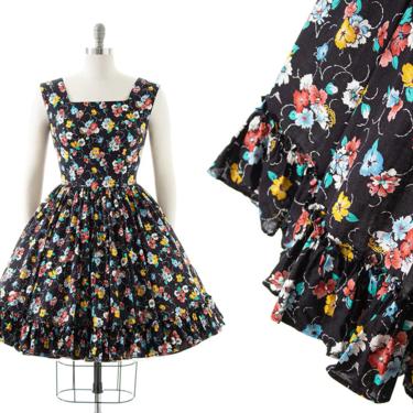 Vintage 1960s 1970s Sundress | 60s 70s Black Floral Printed Cotton Ruffled Circle Skirt Square Dance Day Dress (small) 