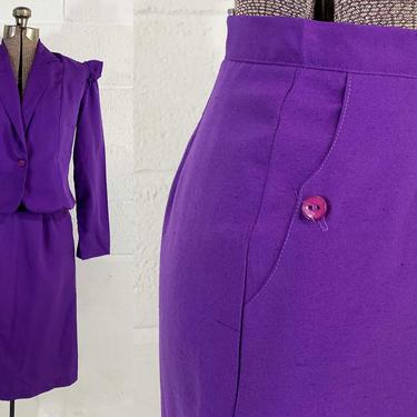 Vintage Purple Skirt and Blazer Suit Set Matching Cropped Jacket Tailored Boxy Long Sleeve Coat Button Front 1970s 70s 1980s 80s Small XS 