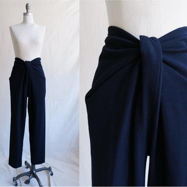 Vintage 80s Donna Karan Black Knot Front Trousers/ 1980s High Waisted Wool Pants/ Size Small Medium 