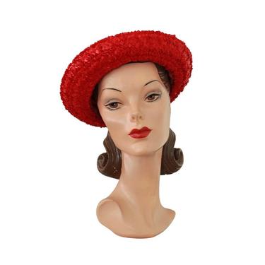 1960s Vivid Red Raffia Breton Hat - 1960s Bright Red Hat - Vintage Womens Red hat - 60s Red Hat - 1960s Womens Red Hat - Vintage Breton Hat 