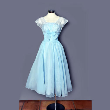 50's Baby Light Blue Chiffon Prom Party Gown, Vintage Dress, 1950's Ball Gown, Formal Evening Dress, Powder Sky Blue Full Skirt Wedding 