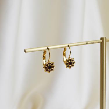 ruby gold dangle flower earring, ruby earring, gold floral dangle earring, gold cz ruby floral dangle drop earring, cz ruby dangle earring 