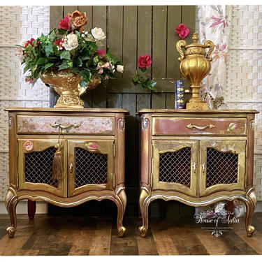 French Provincial Nightstands.  Old World French Country Vintage Bedside Tables. Broyhill Nightstands. 