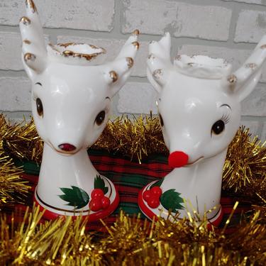 Vintage Ceramic Topline Japan Reindeer Christmas Candle Holders 