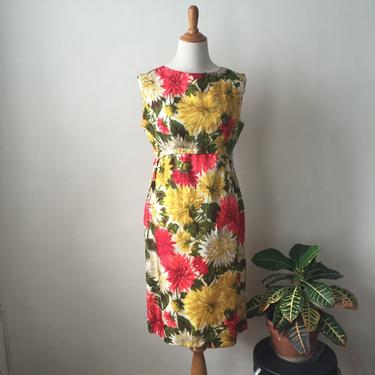 Vintage 1960s Pink and Yellow Silk Floral Cocktail Dress 