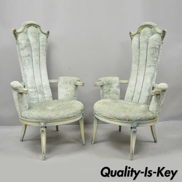 Pair Vintage High Back Hollywood Regency Style Blue Painted Fireside Arm Chairs