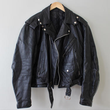 Vintage Black Leather Motorcycle Biker Jacket Unisex Size L XL 