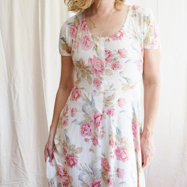 1990s Bias Cut Rose Print Dress by Starina | Vintage Floral Print Dress | Rayon | 1940s Style 