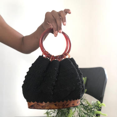 Vintage 1950s 1960s Crochet Knit Hand  Bag Handbag Purse Celluloid Tortoise Bakelite Plastic Top Handles Clear See Through Bottom  Mini 