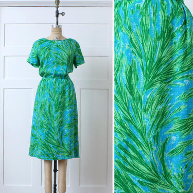 vintage 1960s bright abstract dress • short sleeve linen blend day dress in bold turquoise blue &amp; green 