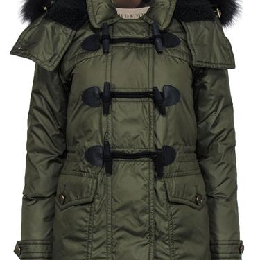 Burberry Brit - Olive Zip-Up Hooded Puffer Coat w/ Toggles & Faux Fur Trim Sz S