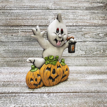 Vintage Ceramic Ghost, Vintage Halloween Ghost w/ Lantern &amp; Pumpkins, Jack o Lantern, Trick or Treat, Scary Spooky Decor, Vintage Holiday 