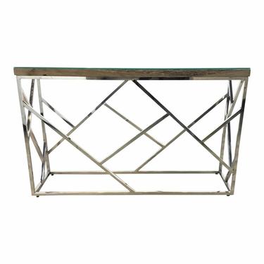 Industrial Modern Reclaimed Teak Wood and Stainless Steel Console Table