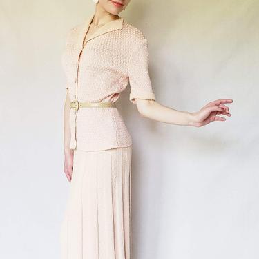 1930s Pink Knit Skirt Suit / 30s Pink Button Down Short Sleeved Cardigan Sweater Top Matching Midi Pleated Skirt / Med AS IS 