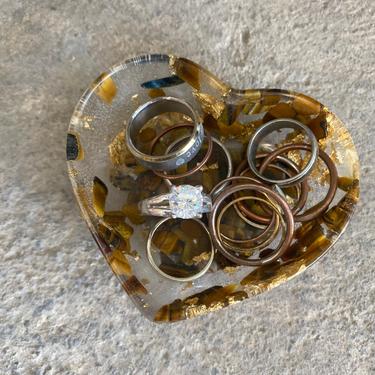 Resin Tigers-eye and Gold Leaf Crystal Filled Heart Catchall Card Holder Jewelry Ring Holder Tealight Holder 