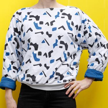 Vintage 80's puffy sweatshirt, white with black &amp; blue confetti pattern - Medium 