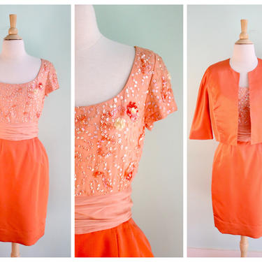 Vintage 1960's Peach Chiffon and Silk Cocktail Dress | Size Extra Small 