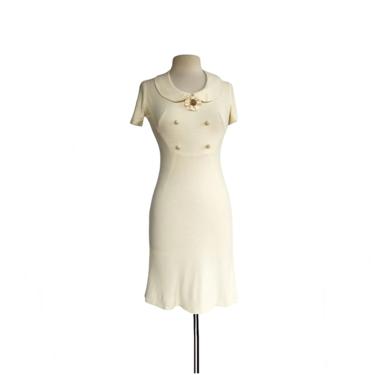 Vintage 60s wool blend knit jersey cream dress| winter white office dress 