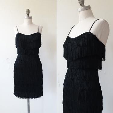 Vintage 80s Black Fringe Flapper Dress/ 1980s does 1920s Deco Rhinestone Bodycon Party Dress/ Size Smal 