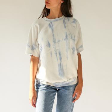 Vintage 80s Indigo Blue and White Tie Dye Destroyed Blank Crewneck Sweatshirt | Fleece, Raglan | 1980s Distressed Gym Rat Blank Sweatshirt 