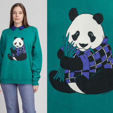 90s Panda Collared Sweatshirt - Extra Large | Vintage Green Animal Graphic Pullover 