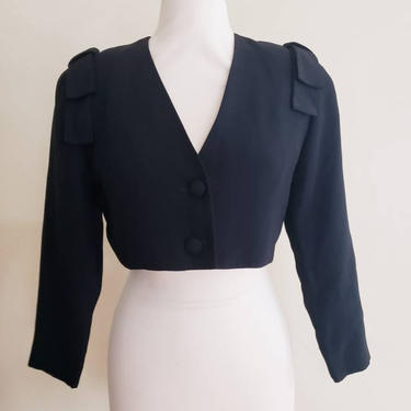 1980s Black Cropped Jacket Nicole Miller / 80s Designer Blazer Bows at Shoulders / S / 