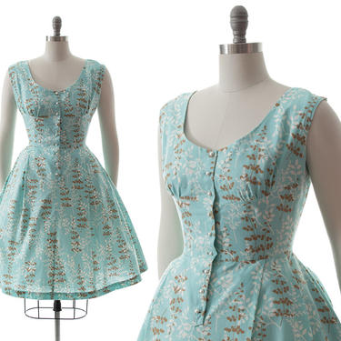 1950s Style Sundress | 50s Inspired Modern Made Floral Cotton Light Blue Shirtwaist Fit and Flare Day Dress (medium/large) 
