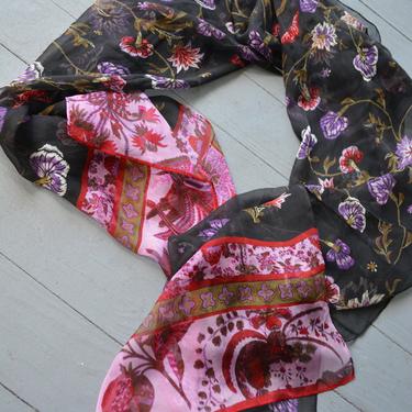 Vintage silk scarf / vintage thin scarf / thin silk scarf / vintage floral scarf / floral silk scarf / silk black scarf / multicolored scarf 