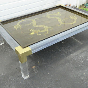 Mid Century Modern Lucite and Brass Glass Top Painted Dragon Coffee Table 1600