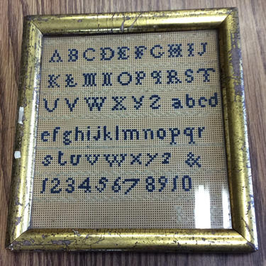 Antique Sampler in lemon gold frame, ABC's 123's with initials 