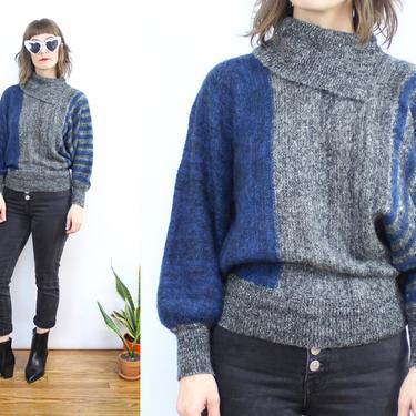 Vintage 80's Gray and Blue soft WOOL Dolman Sweater / 1980's High Mock Neck Collar Sweater / Striped / Women's Size Small 
