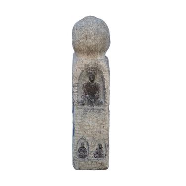 Chinese Distressed Gray Stone Carved Buddhas Display Pole Statue cs7204E 